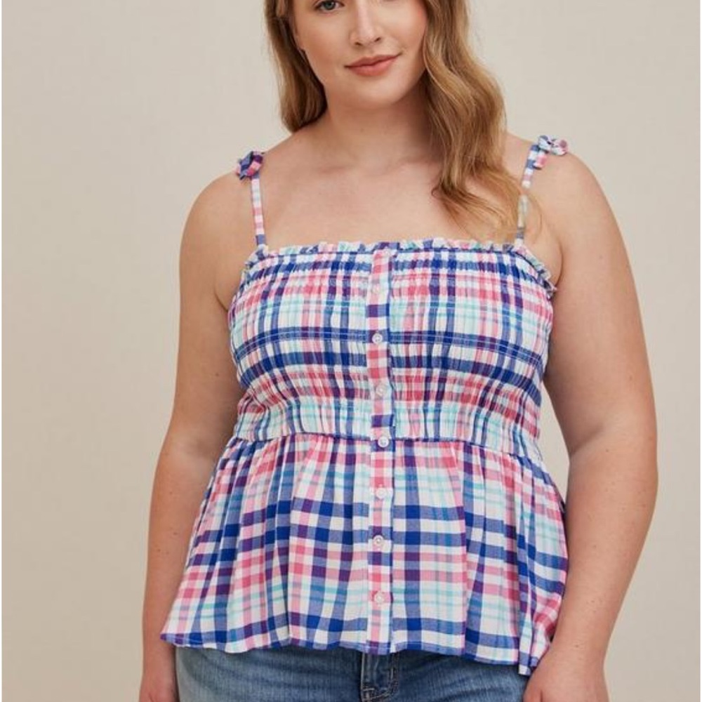 Torrid Peplum Smocked Bodice Cami - Crinkle Gauze Plaid